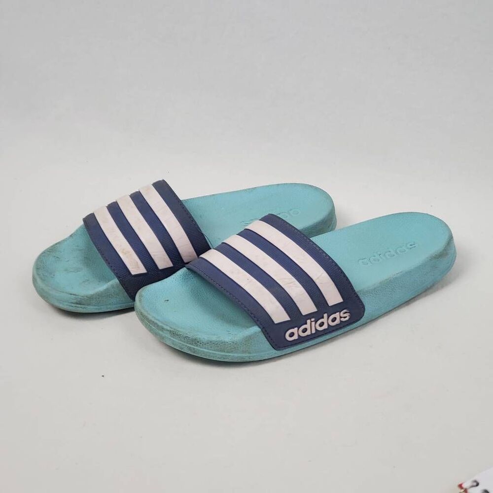 Adidas Slides Size 4Y Blue White Stripe Sandals